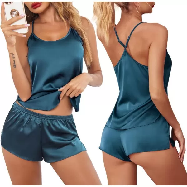 Ekouaer Pajamas Womens Sexy Lingerie Satin Sleepwear Silk Cami Shorts Set Soft Sleep Pjs 2 Piece Nightwear GiftBlue Green