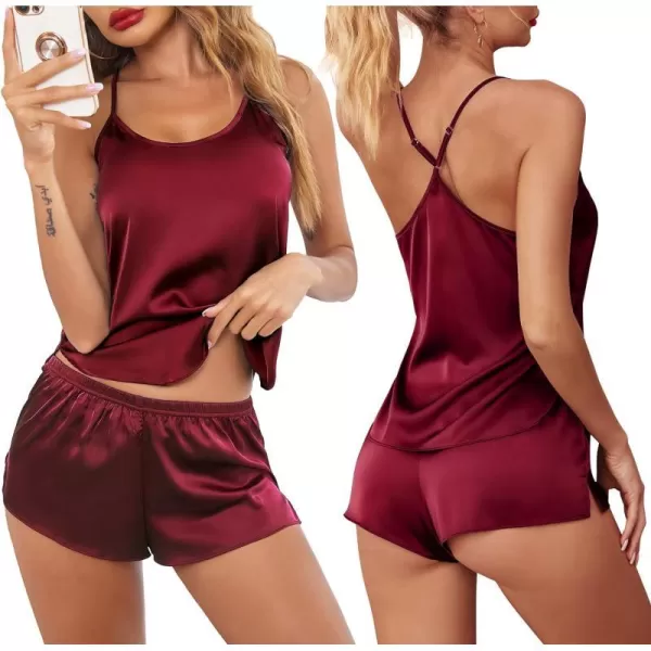 Ekouaer Pajamas Womens Sexy Lingerie Satin Sleepwear Silk Cami Shorts Set Soft Sleep Pjs 2 Piece Nightwear GiftDeep Red