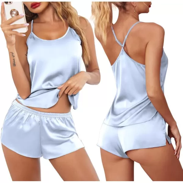 Ekouaer Pajamas Womens Sexy Lingerie Satin Sleepwear Silk Cami Shorts Set Soft Sleep Pjs 2 Piece Nightwear GiftLight Blue