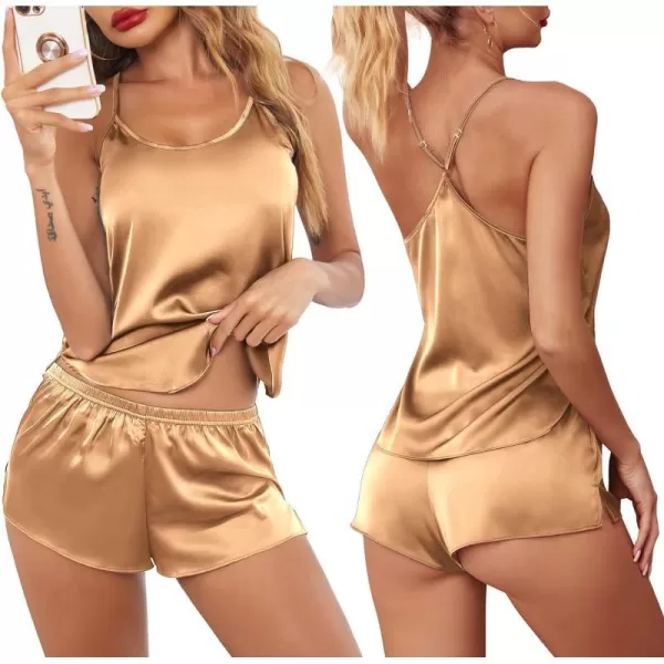 Ekouaer Pajamas Womens Sexy Lingerie Satin Sleepwear Silk Cami Shorts Set Soft Sleep Pjs 2 Piece Nightwear GiftLight Tan