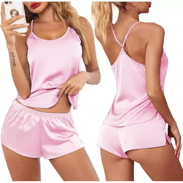 Ekouaer Pajamas Womens Sexy Lingerie Satin Sleepwear Silk Cami Shorts Set Soft Sleep Pjs 2 Piece Nightwear GiftMisty Rose