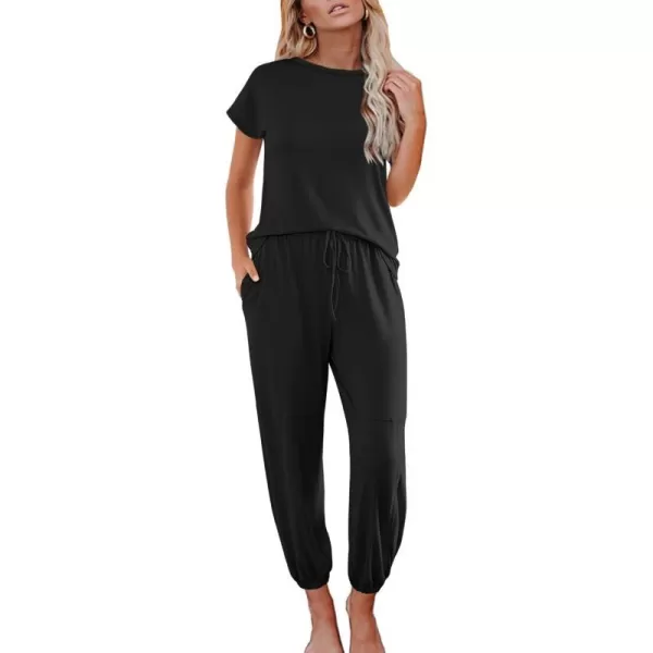 Ekouaer Pajamas for Women 2 Piece Lounge Sets Cap Sleeve Loungewear Top with Joggers Pants SXXLAblack