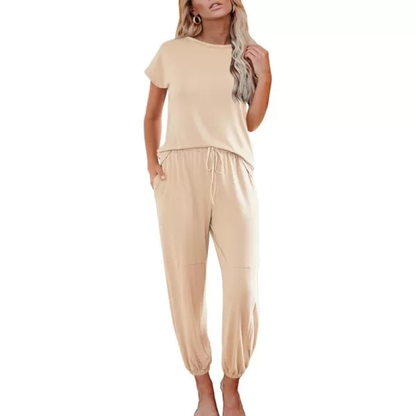 Ekouaer Pajamas for Women 2 Piece Lounge Sets Cap Sleeve Loungewear Top with Joggers Pants SXXLBeige