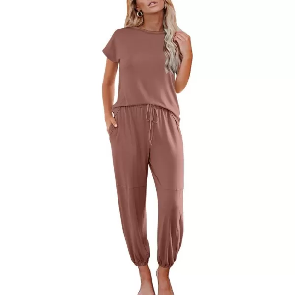 Ekouaer Pajamas for Women 2 Piece Lounge Sets Cap Sleeve Loungewear Top with Joggers Pants SXXLBrown