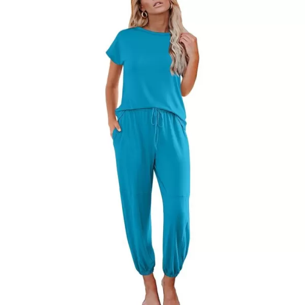 Ekouaer Pajamas for Women 2 Piece Lounge Sets Cap Sleeve Loungewear Top with Joggers Pants SXXLLake Blue