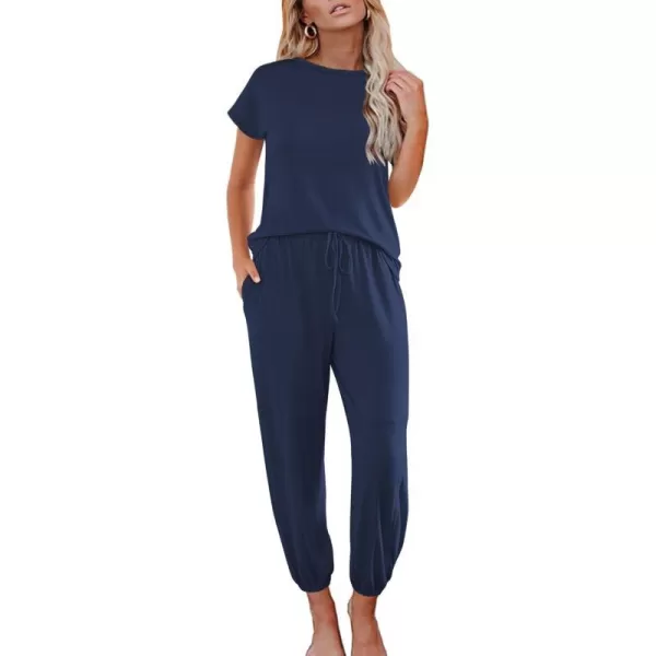 Ekouaer Pajamas for Women 2 Piece Lounge Sets Cap Sleeve Loungewear Top with Joggers Pants SXXLNavy