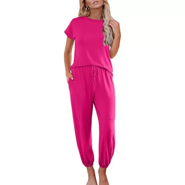 Ekouaer Pajamas for Women 2 Piece Lounge Sets Cap Sleeve Loungewear Top with Joggers Pants SXXLRose Red