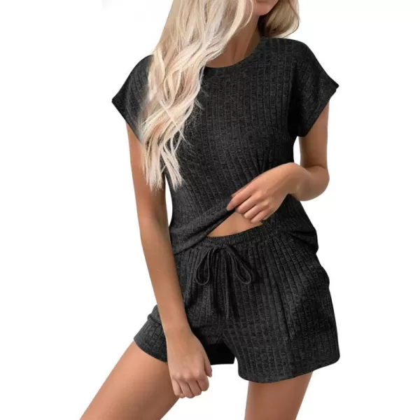 Ekouaer Pajamas for Women Ribbed Knit Lounge Set Cap Sleeve Top and Shorts Loungewear Sleepwear with Pockets SXXLBlack