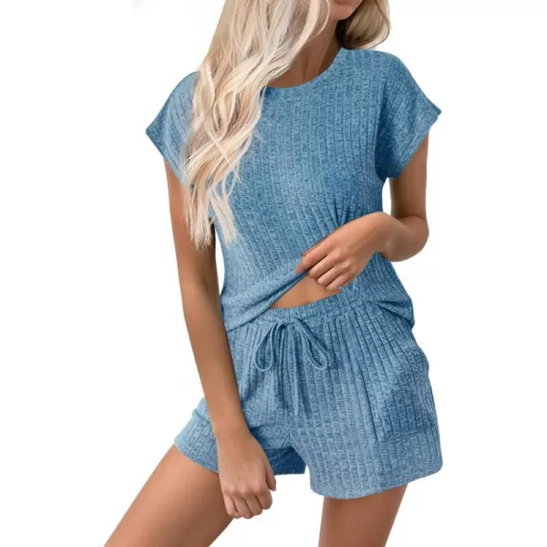 Ekouaer Pajamas for Women Ribbed Knit Lounge Set Cap Sleeve Top and Shorts Loungewear Sleepwear with Pockets SXXLBlue