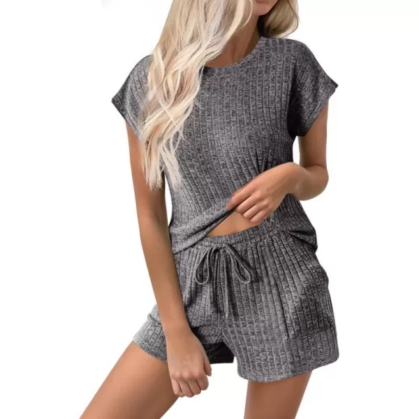 Ekouaer Pajamas for Women Ribbed Knit Lounge Set Cap Sleeve Top and Shorts Loungewear Sleepwear with Pockets SXXLDark Gray