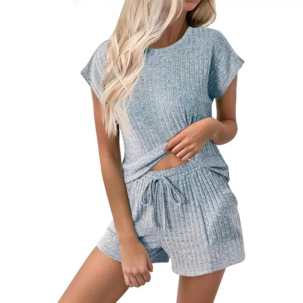 Ekouaer Pajamas for Women Ribbed Knit Lounge Set Cap Sleeve Top and Shorts Loungewear Sleepwear with Pockets SXXLLight Blue