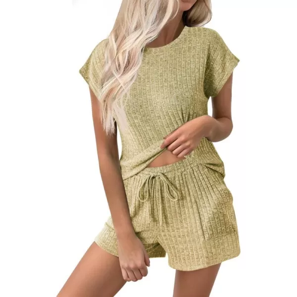 Ekouaer Pajamas for Women Ribbed Knit Lounge Set Cap Sleeve Top and Shorts Loungewear Sleepwear with Pockets SXXLLight Green