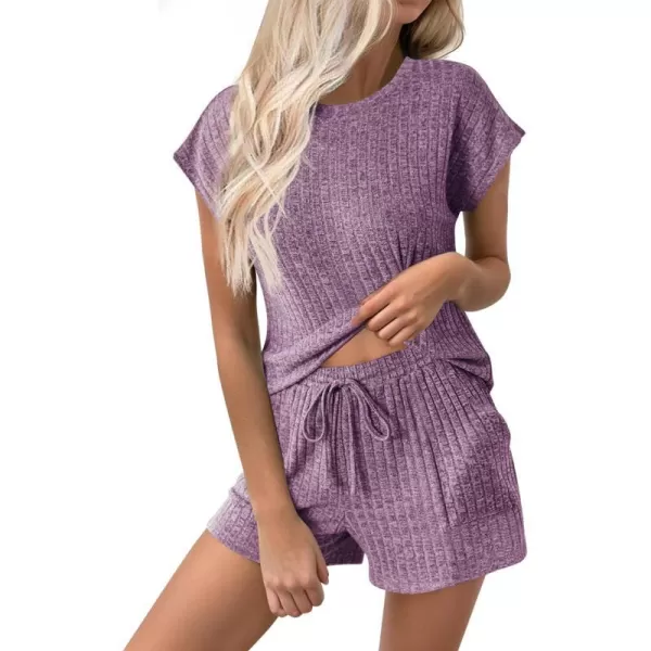 Ekouaer Pajamas for Women Ribbed Knit Lounge Set Cap Sleeve Top and Shorts Loungewear Sleepwear with Pockets SXXLPurple