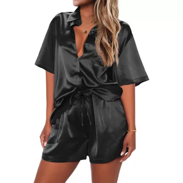 Ekouaer Pajamas for Women Silk Soft Sleepwear Short Sleeve Button Down Pjs Satin Top and Shorts 2 Piece Lounge Set SXXLBlack