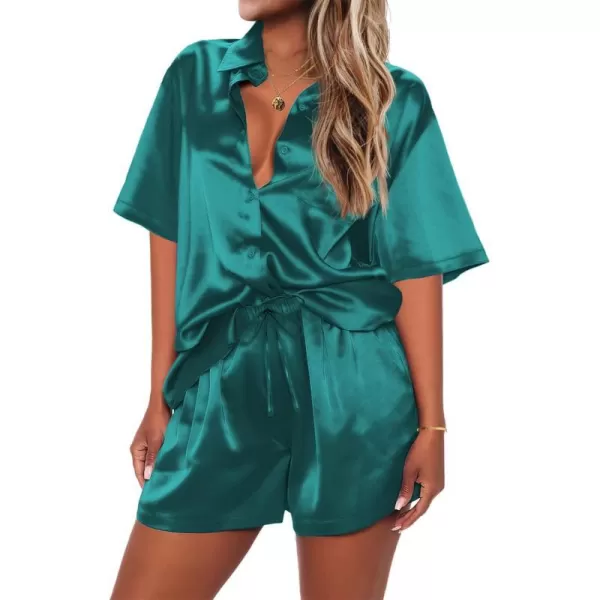 Ekouaer Pajamas for Women Silk Soft Sleepwear Short Sleeve Button Down Pjs Satin Top and Shorts 2 Piece Lounge Set SXXLBlue Green