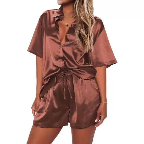 Ekouaer Pajamas for Women Silk Soft Sleepwear Short Sleeve Button Down Pjs Satin Top and Shorts 2 Piece Lounge Set SXXLBrown