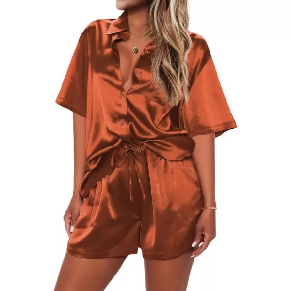 Ekouaer Pajamas for Women Silk Soft Sleepwear Short Sleeve Button Down Pjs Satin Top and Shorts 2 Piece Lounge Set SXXLCaramel