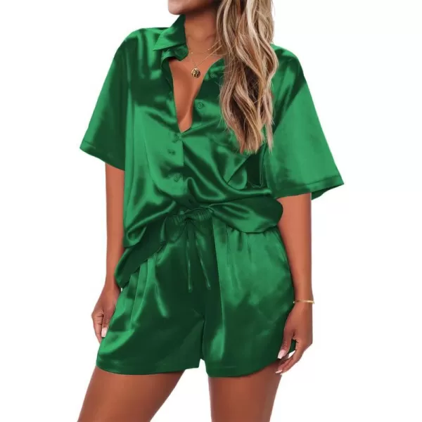 Ekouaer Pajamas for Women Silk Soft Sleepwear Short Sleeve Button Down Pjs Satin Top and Shorts 2 Piece Lounge Set SXXLDark Green