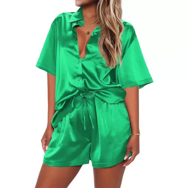 Ekouaer Pajamas for Women Silk Soft Sleepwear Short Sleeve Button Down Pjs Satin Top and Shorts 2 Piece Lounge Set SXXLGreen