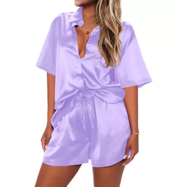 Ekouaer Pajamas for Women Silk Soft Sleepwear Short Sleeve Button Down Pjs Satin Top and Shorts 2 Piece Lounge Set SXXLLilac