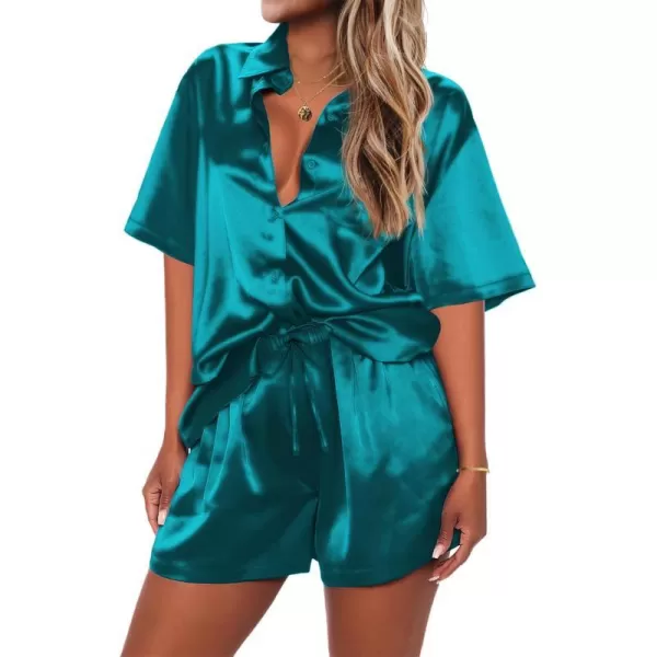 Ekouaer Pajamas for Women Silk Soft Sleepwear Short Sleeve Button Down Pjs Satin Top and Shorts 2 Piece Lounge Set SXXLPeacock Blue