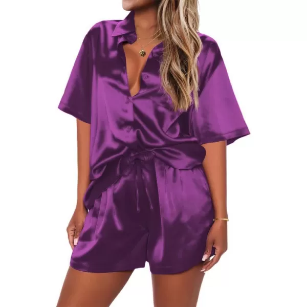 Ekouaer Pajamas for Women Silk Soft Sleepwear Short Sleeve Button Down Pjs Satin Top and Shorts 2 Piece Lounge Set SXXLPurple