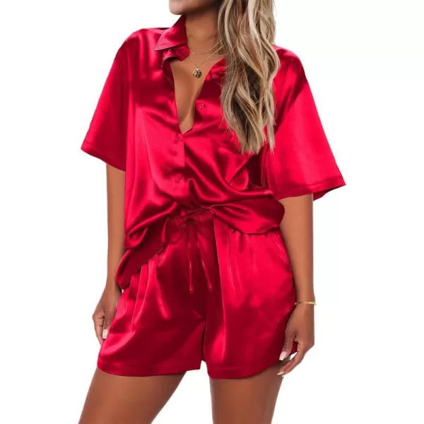 Ekouaer Pajamas for Women Silk Soft Sleepwear Short Sleeve Button Down Pjs Satin Top and Shorts 2 Piece Lounge Set SXXLRed