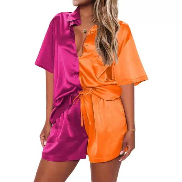 Ekouaer Pajamas for Women Silk Soft Sleepwear Short Sleeve Button Down Pjs Satin Top and Shorts 2 Piece Lounge Set SXXLRose amp Orange