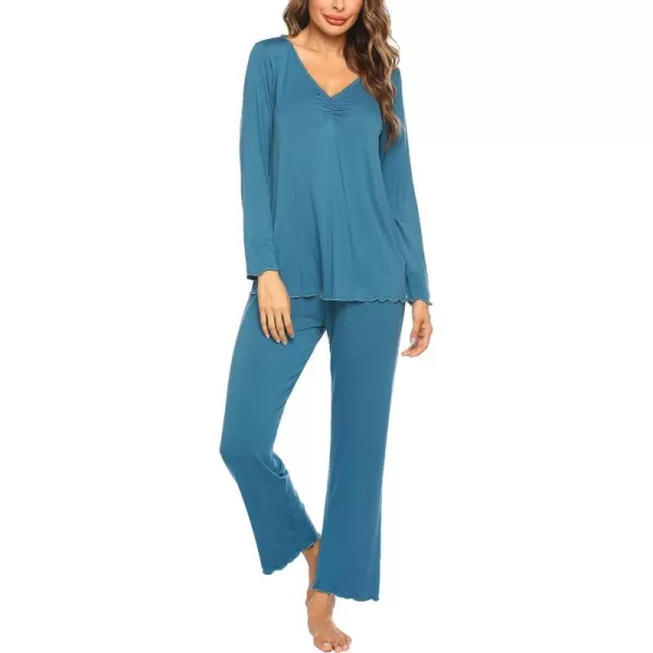 Ekouaer Pajamas for Women Soft Sleepwear Set Long Sleeve Comfy Pjs Top Loose Fit Pj Pants LoungewearA08 Teal