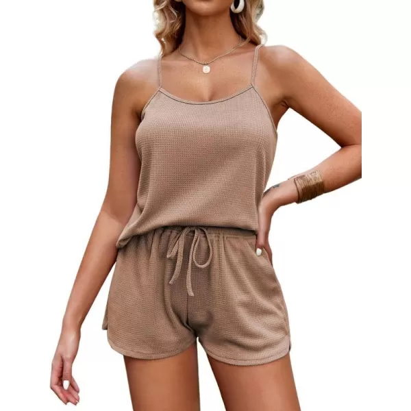 Ekouaer Pajamas for Women Waffle Knit Lounge Sets Cami Tops Shorts Loungewear SXXLAkhaki