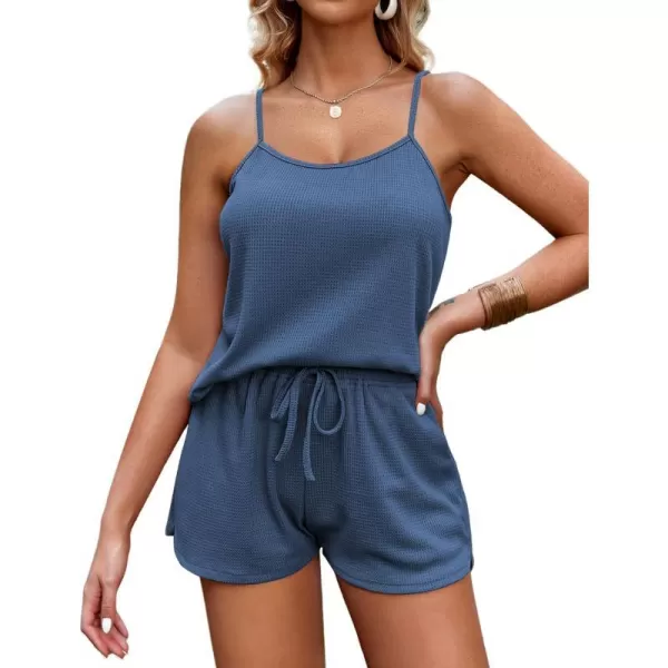 Ekouaer Pajamas for Women Waffle Knit Lounge Sets Cami Tops Shorts Loungewear SXXLBlue