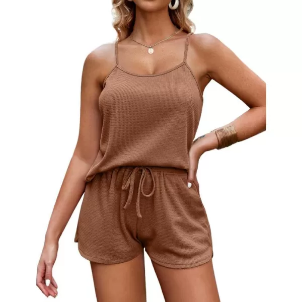 Ekouaer Pajamas for Women Waffle Knit Lounge Sets Cami Tops Shorts Loungewear SXXLBrown