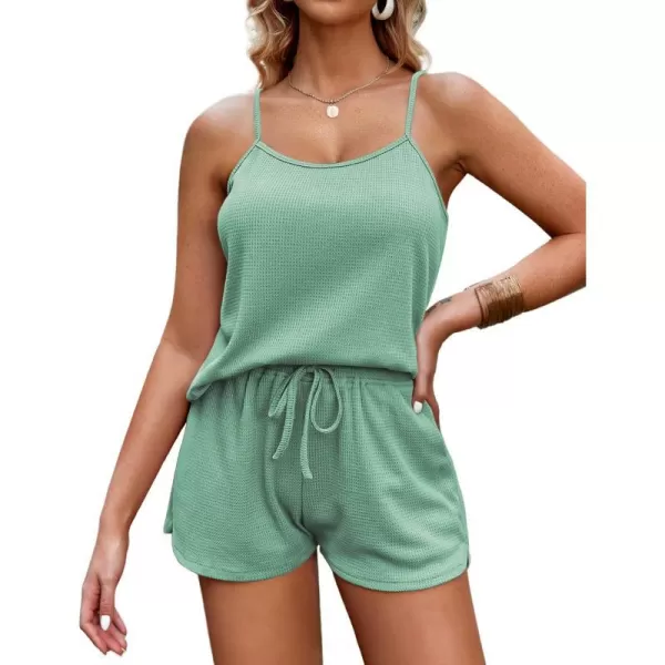 Ekouaer Pajamas for Women Waffle Knit Lounge Sets Cami Tops Shorts Loungewear SXXLGreen