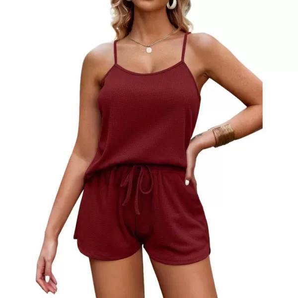 Ekouaer Pajamas for Women Waffle Knit Lounge Sets Cami Tops Shorts Loungewear SXXLWine Red