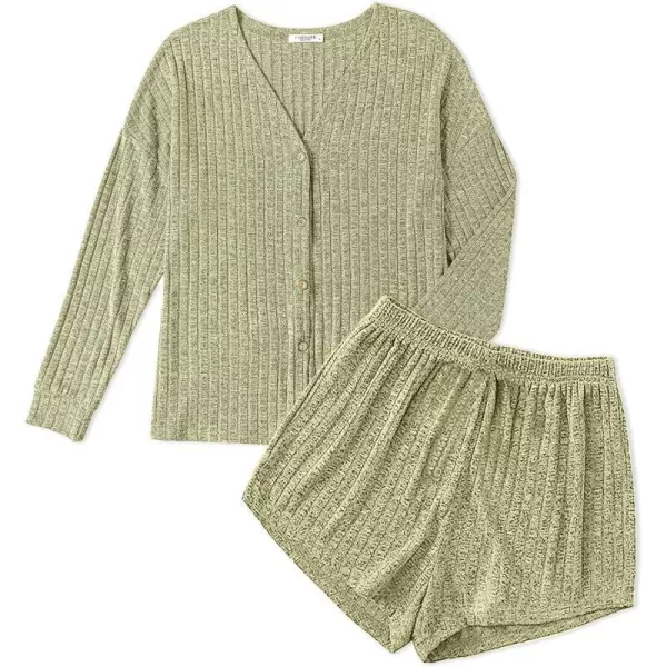 Ekouaer Ribbed Knit Pajamas Sets for Women ButtonDown Loungewear Casual Shirt and Shorts 2 Piece Long Sleeve Soft Lounge SetGray Green