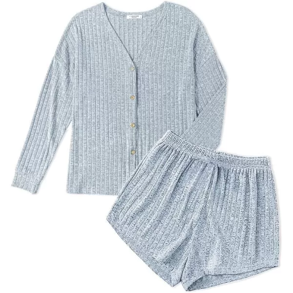 Ekouaer Ribbed Knit Pajamas Sets for Women ButtonDown Loungewear Casual Shirt and Shorts 2 Piece Long Sleeve Soft Lounge SetLight Blue