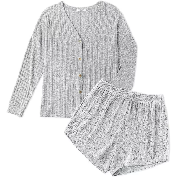 Ekouaer Ribbed Knit Pajamas Sets for Women ButtonDown Loungewear Casual Shirt and Shorts 2 Piece Long Sleeve Soft Lounge SetLight Grey