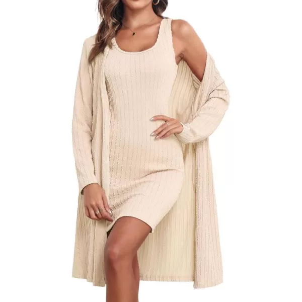 Ekouaer Robe Sets for Women Sleepwear Rib Knit Bodycon Nightgown with Robes Set 2 Piece Soft Lightweight Loungewear SXXLBeige