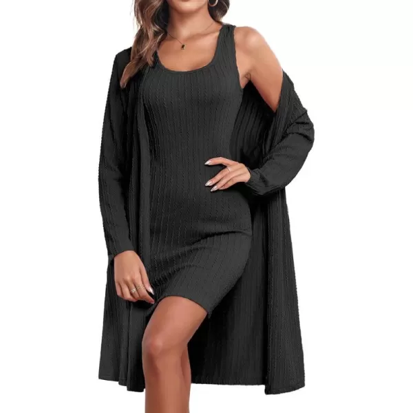 Ekouaer Robe Sets for Women Sleepwear Rib Knit Bodycon Nightgown with Robes Set 2 Piece Soft Lightweight Loungewear SXXLBlack