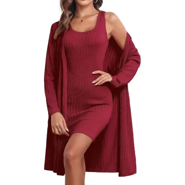 Ekouaer Robe Sets for Women Sleepwear Rib Knit Bodycon Nightgown with Robes Set 2 Piece Soft Lightweight Loungewear SXXLBurgundy