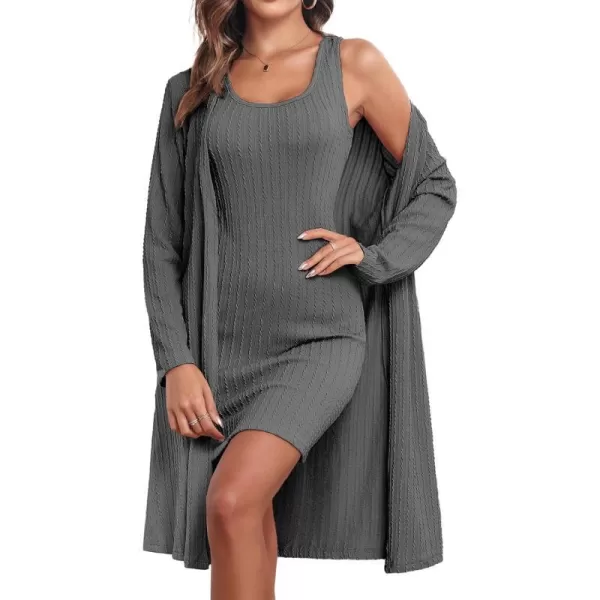 Ekouaer Robe Sets for Women Sleepwear Rib Knit Bodycon Nightgown with Robes Set 2 Piece Soft Lightweight Loungewear SXXLDark Gray