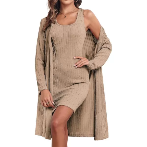 Ekouaer Robe Sets for Women Sleepwear Rib Knit Bodycon Nightgown with Robes Set 2 Piece Soft Lightweight Loungewear SXXLKhaki