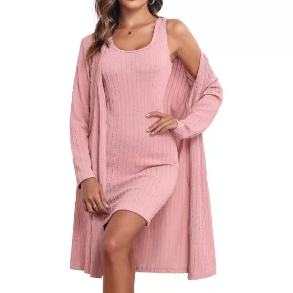 Ekouaer Robe Sets for Women Sleepwear Rib Knit Bodycon Nightgown with Robes Set 2 Piece Soft Lightweight Loungewear SXXLMisty Rose