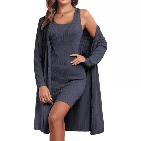 Ekouaer Robe Sets for Women Sleepwear Rib Knit Bodycon Nightgown with Robes Set 2 Piece Soft Lightweight Loungewear SXXLNavy Blue