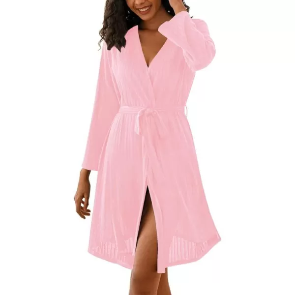 Ekouaer Robe for Women Ribbed Knit Kimono Robes Soft Side Slit Bathrobe Ladies Sleepwear with PocketsPink