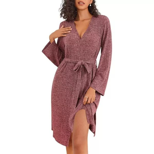 Ekouaer Robe for Women Ribbed Knit Kimono Robes Soft Side Slit Bathrobe Ladies Sleepwear with PocketsWine Red