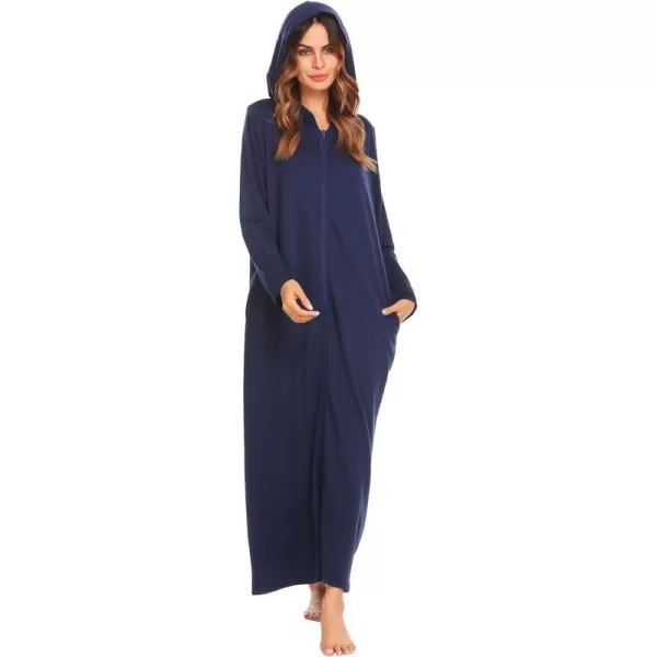 Ekouaer Robe for Women Zipper Robe Loungewear Full Length Sleepwear Pockets Housecoat Casual Straight RobeAdark Blue