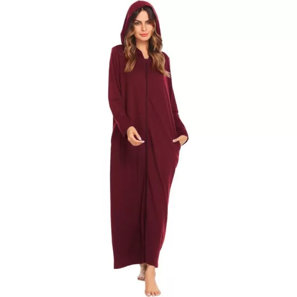 Ekouaer Robe for Women Zipper Robe Loungewear Full Length Sleepwear Pockets Housecoat Casual Straight RobeAwine Red