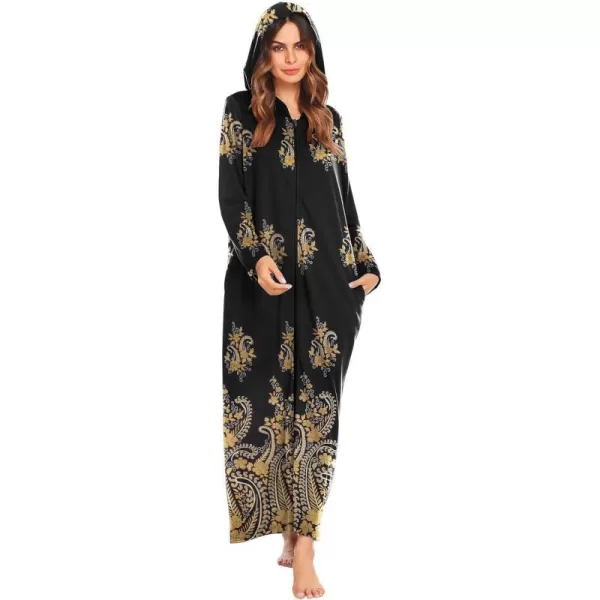 Ekouaer Robe for Women Zipper Robe Loungewear Full Length Sleepwear Pockets Housecoat Casual Straight RobeBlack amp Gold Flower