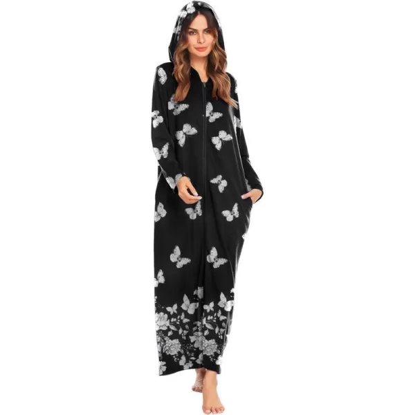 Ekouaer Robe for Women Zipper Robe Loungewear Full Length Sleepwear Pockets Housecoat Casual Straight RobeButterfly amp Flower